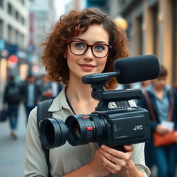 A 30-year-old female television operator, with curly brown hair and sky-blue eyes, wearing glasses