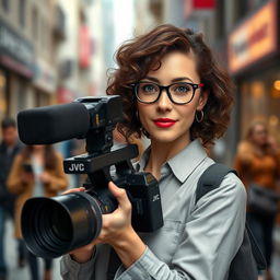 A 30-year-old female television operator, with curly brown hair and sky-blue eyes, wearing glasses