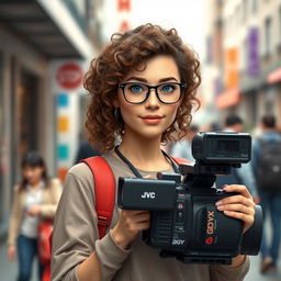 A 30-year-old female television operator, with curly brown hair and sky-blue eyes, wearing glasses