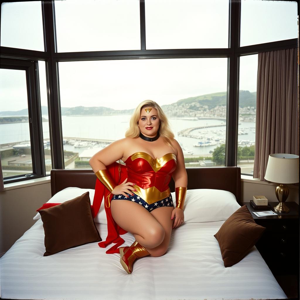 A 40-year-old curvy chubby blonde woman posing confidently on a king-size bed in a hotel room