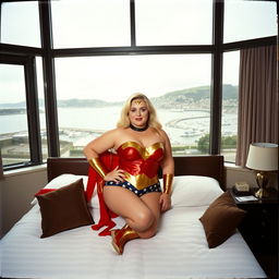 A 40-year-old curvy chubby blonde woman posing confidently on a king-size bed in a hotel room