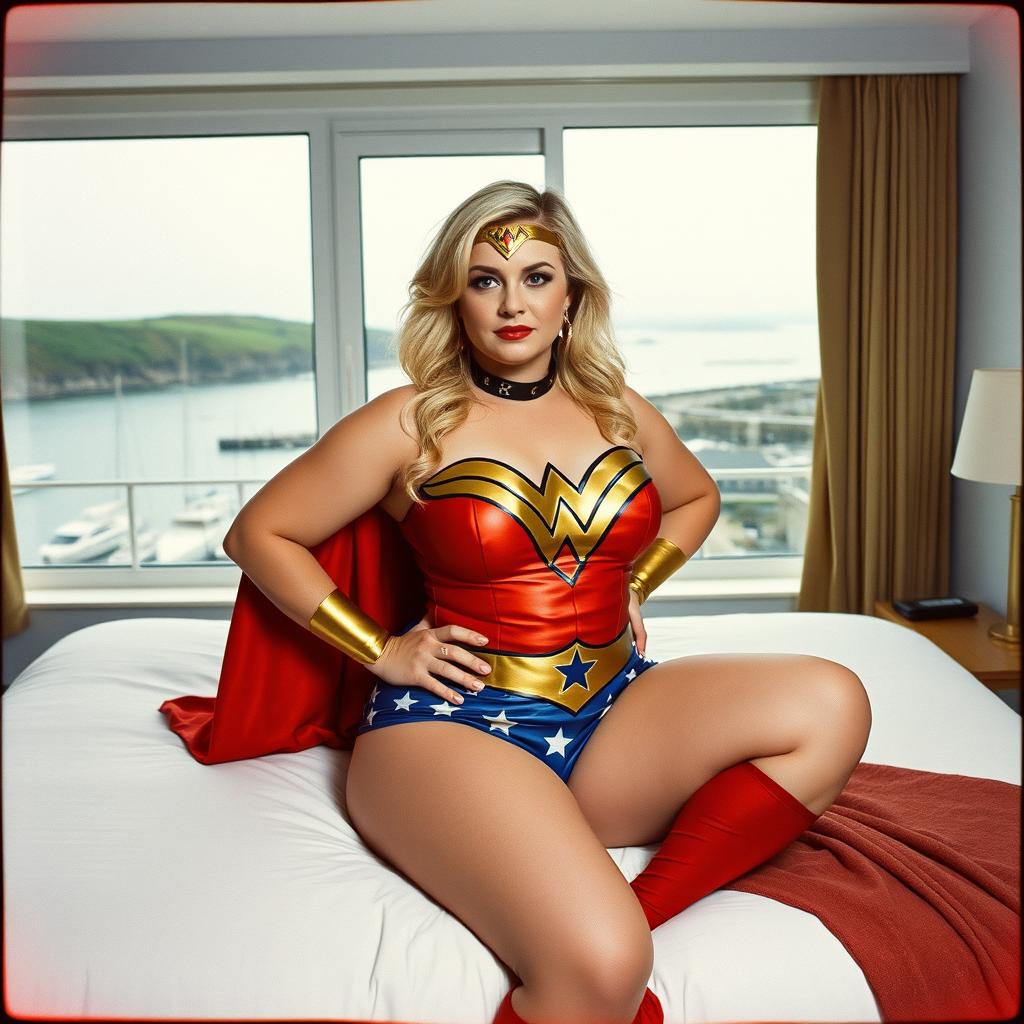 A 40-year-old curvy chubby blonde woman posing confidently on a king-size bed in a hotel room