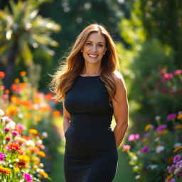 A confident and elegant 40-year-old woman standing gracefully in a lush garden