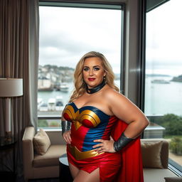 A 40-year-old curvy chubby blonde woman poses confidently in a stylish hotel room