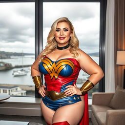 A 40-year-old curvy chubby blonde woman poses confidently in a stylish hotel room