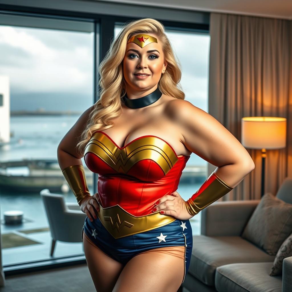 A 40-year-old curvy chubby blonde woman poses confidently in a stylish hotel room