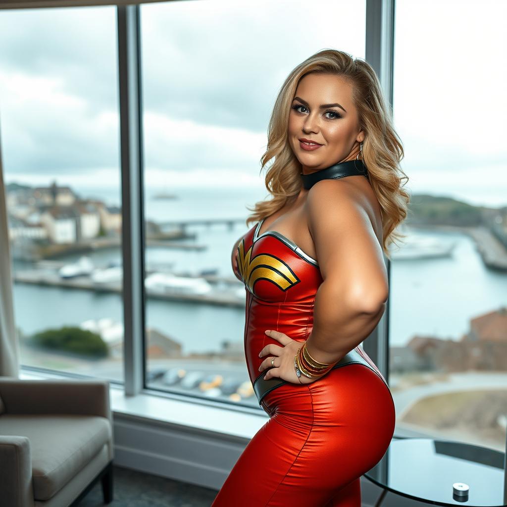 A 40-year-old curvy chubby blonde woman poses confidently in a stylish hotel room