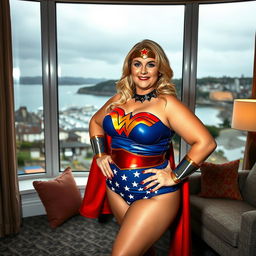 A 40-year-old curvy chubby blonde woman posing confidently in a hotel room