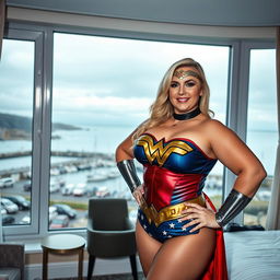 A 40-year-old curvy chubby blonde woman posing confidently in a hotel room