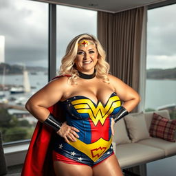 A 40-year-old curvy chubby blonde woman posing confidently in a hotel room