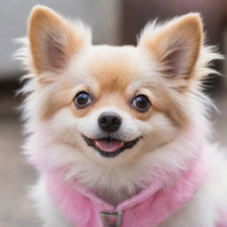 A small, adorable dog with a fluffy pink coat, eyes sparkling with joy.