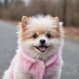 A small, adorable dog with a fluffy pink coat, eyes sparkling with joy.