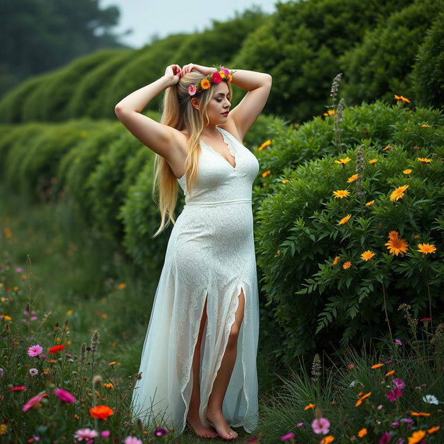 A full body portrait of a beautiful 40-year-old curvy woman with long blonde hair styled in a ponytail, adorned with a crown of colorful flowers