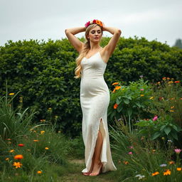 A full body portrait of a beautiful 40-year-old curvy woman with long blonde hair styled in a ponytail, adorned with a crown of colorful flowers