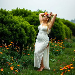 A full body portrait of a beautiful 40-year-old curvy woman with long blonde hair styled in a ponytail, adorned with a crown of colorful flowers