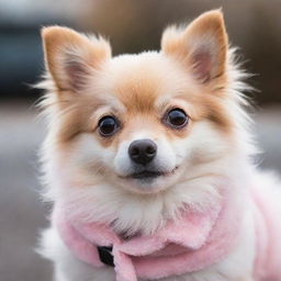 A small, adorable dog with a fluffy pink coat, eyes sparkling with joy.