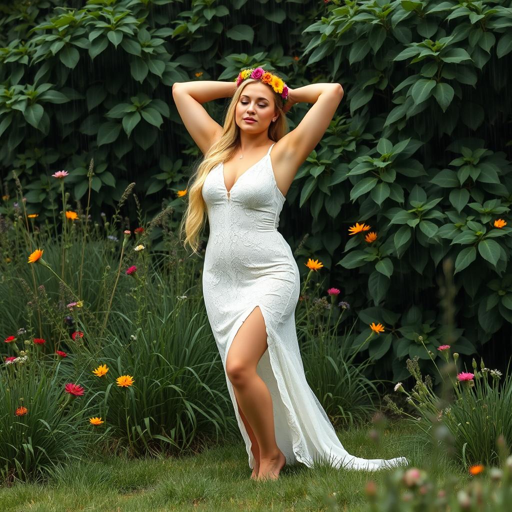 A full body portrait of a beautiful 40-year-old curvy woman with long blonde hair styled in a ponytail, adorned with a crown of colorful flowers