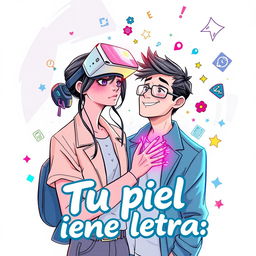 A modern and innovative book cover for the graphic novel titled "Tu piel tiene letras", showcasing a scene that blends traditional drawing with elements of virtual reality