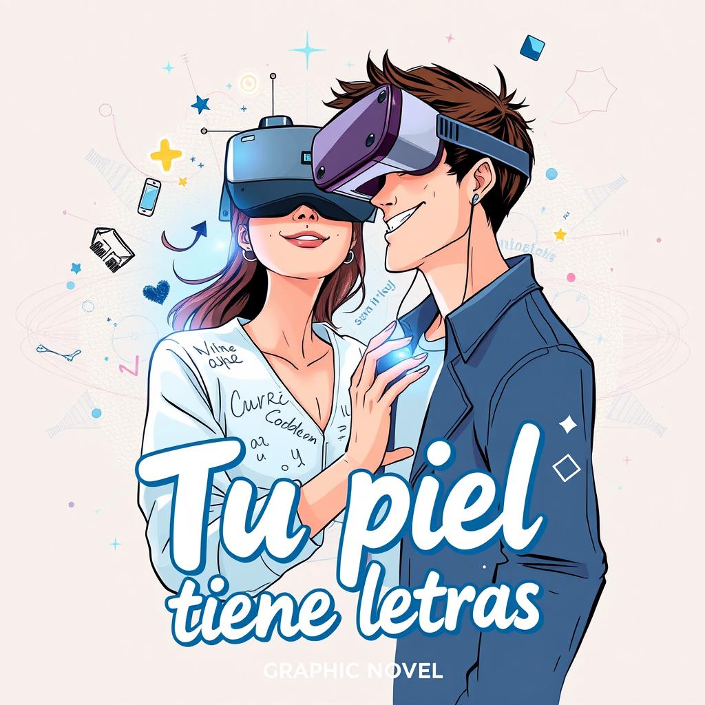 A modern and innovative book cover for the graphic novel titled "Tu piel tiene letras", showcasing a scene that blends traditional drawing with elements of virtual reality