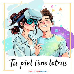 A modern and innovative book cover for the graphic novel titled "Tu piel tiene letras", showcasing a scene that blends traditional drawing with elements of virtual reality