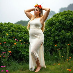 A full body portrait of a beautiful 40-year-old curvy and plus-sized woman with long blonde hair styled in a ponytail, adorned with a crown of colorful flowers