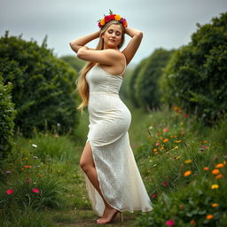 A full body portrait of a beautiful 40-year-old curvy and plus-sized woman with long blonde hair styled in a ponytail, adorned with a crown of colorful flowers