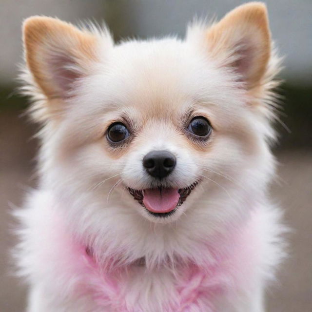 A small, adorable dog with a fluffy pink coat, eyes sparkling with joy.