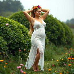 A full body portrait of a beautiful 40-year-old curvy and plus-sized woman with long blonde hair styled in a ponytail, adorned with a crown of colorful flowers