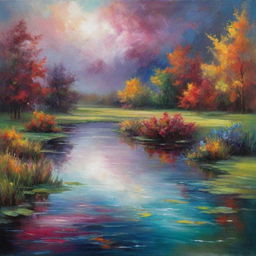 An intense yet peaceful pond depicting a storm with bold shapes and vibrant colors representing strong emotions. Include a recurring motif that threads it all together, transitioning to softer tones conveying a return to calmness.