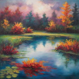 An intense yet peaceful pond depicting a storm with bold shapes and vibrant colors representing strong emotions. Include a recurring motif that threads it all together, transitioning to softer tones conveying a return to calmness.