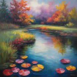 An intense yet peaceful pond depicting a storm with bold shapes and vibrant colors representing strong emotions. Include a recurring motif that threads it all together, transitioning to softer tones conveying a return to calmness.