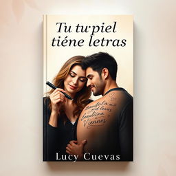 A modern and visually striking book cover for the novel titled "Tu piel tiene letras" by Lucy Cuevas