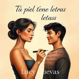 A modern and visually striking book cover for the novel titled "Tu piel tiene letras" by Lucy Cuevas