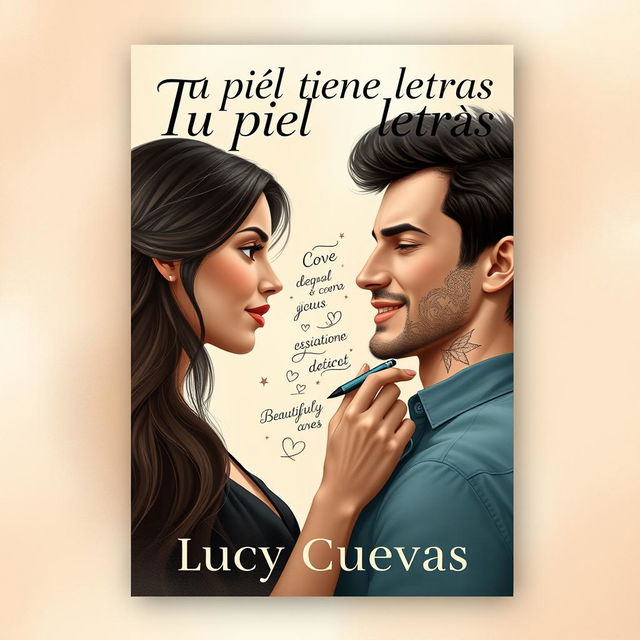 A modern and visually striking book cover for the novel titled "Tu piel tiene letras" by Lucy Cuevas