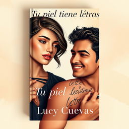 A modern and visually striking book cover for the novel titled "Tu piel tiene letras" by Lucy Cuevas