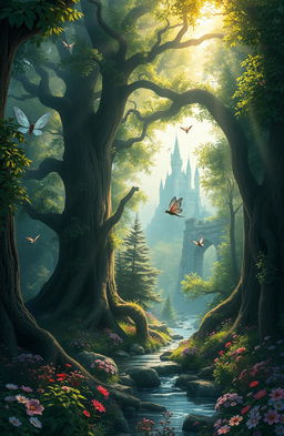 A mystical scene from 'Tales of Eldridge Grove' depicting an enchanted forest with towering ancient trees, their leaves shimmering in various shades of green