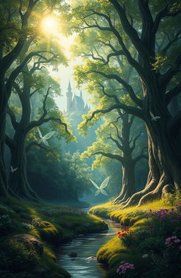 A mystical scene from 'Tales of Eldridge Grove' depicting an enchanted forest with towering ancient trees, their leaves shimmering in various shades of green