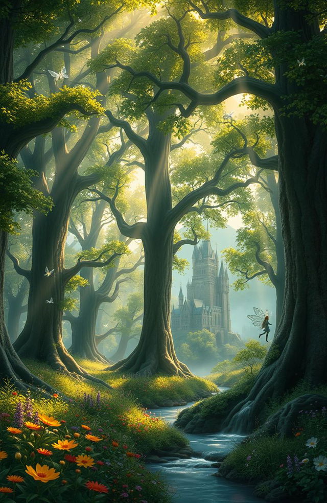 A mystical scene from 'Tales of Eldridge Grove' depicting an enchanted forest with towering ancient trees, their leaves shimmering in various shades of green