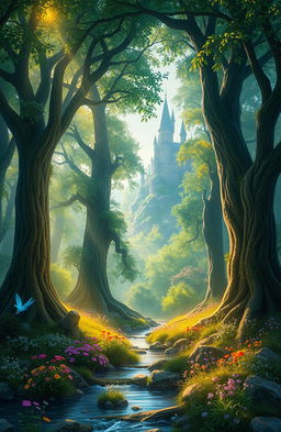 A mystical scene from 'Tales of Eldridge Grove' depicting an enchanted forest with towering ancient trees, their leaves shimmering in various shades of green