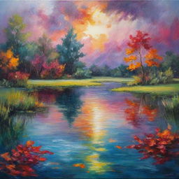 An intense yet peaceful pond depicting a storm with bold shapes and vibrant colors representing strong emotions. Include a recurring motif that threads it all together, transitioning to softer tones conveying a return to calmness.