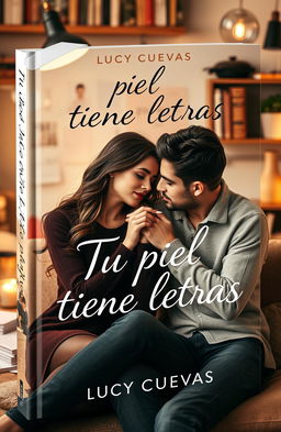 A modern book cover titled 'Tu piel tiene letras' by Lucy Cuevas, featuring a romantic scene of a female writer and her boyfriend sitting together in a cozy, artistic setting