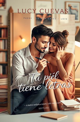 A modern book cover titled 'Tu piel tiene letras' by Lucy Cuevas, featuring a romantic scene of a female writer and her boyfriend sitting together in a cozy, artistic setting