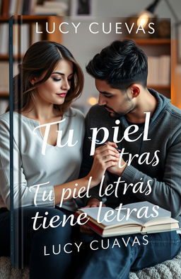 A modern book cover titled 'Tu piel tiene letras' by Lucy Cuevas, featuring a romantic scene of a female writer and her boyfriend sitting together in a cozy, artistic setting