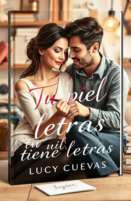 A modern book cover titled 'Tu piel tiene letras' by Lucy Cuevas, featuring a romantic scene of a female writer and her boyfriend sitting together in a cozy, artistic setting