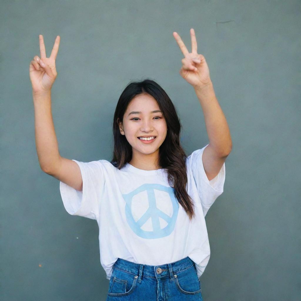 A girl holding her phone up, her other hand cheerfully pulling off a peace sign.