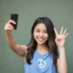 A girl holding her phone up, her other hand cheerfully pulling off a peace sign.