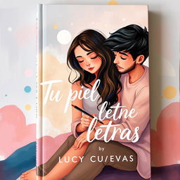 A modern book cover titled 'Tu piel tiene letras' by Lucy Cuevas, illustrated in a painting style