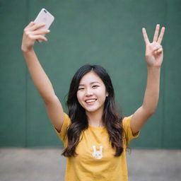 A girl holding her phone up, her other hand cheerfully pulling off a peace sign.