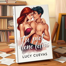 A modern book cover titled 'Tu piel tiene letras' by Lucy Cuevas, illustrated in a vibrant painting style