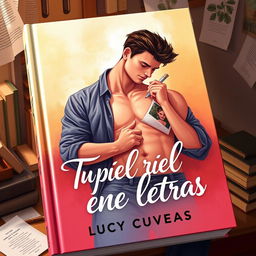 A modern book cover titled 'Tu piel tiene letras' by Lucy Cuevas, illustrated in a vibrant painting style